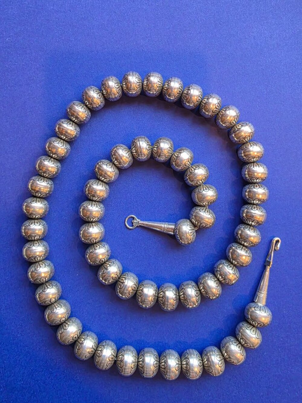 Sterling Silver Navajo Pearls, 28" strand of 10mm Etched Beads, 114g